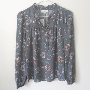 LOFT XS Grey-Blue & Rust Paisley Blouse Ruffled Collar Rayon